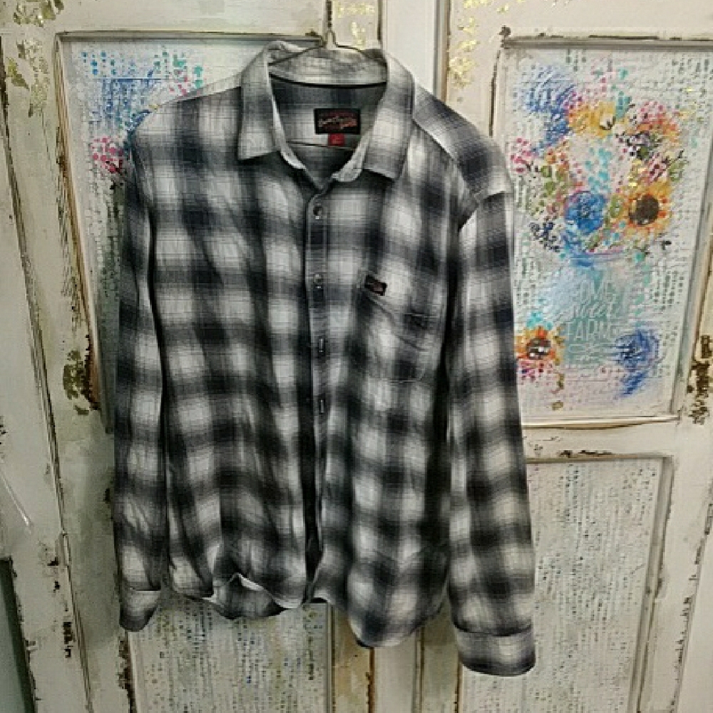 Navy Blue and White Plaid Button-Up Shirt